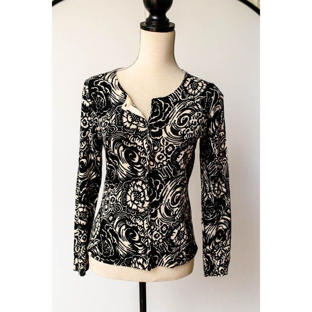 Talbots Petites Pure Italian Merino Wool Black & White Floral Cardigan Sweater S